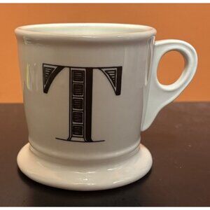 Anthropologie Coffee Mug Cup T Initial Monogram White Shaving Style Pedestal
